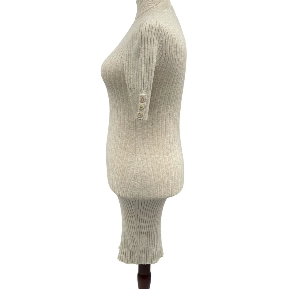 Moda International Sweater Dress Womens M Beige Ribbed Knit Turtleneck Midi Chic